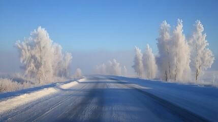 Fototapeta premium Serene Winter Road Surrounded by Frost-Covered Trees in Blissful Silence
