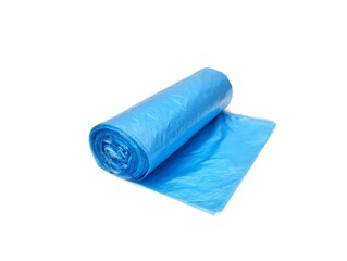Roll of light blue garbage bags isolated on white background 