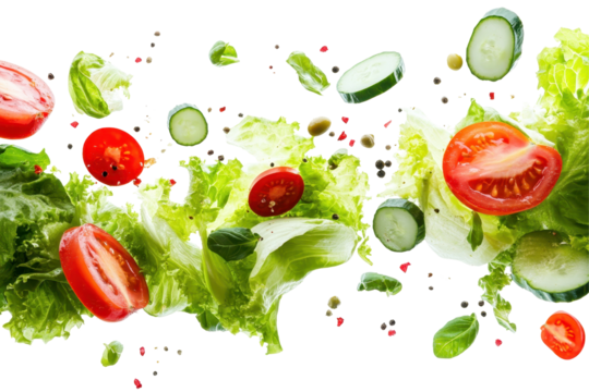 Fresh mixed salad with green vegetables falling in air captured mid motion on a white background