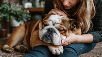 Cozy moment between person and English Bulldog on carpet in home setting