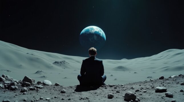 Exploring the universe business suit clad individual on moon futuristic landscape inspiring viewpoint