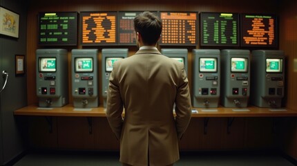 Business suit professional analyzing data at high-tech financial terminal urban office environment engaging perspective