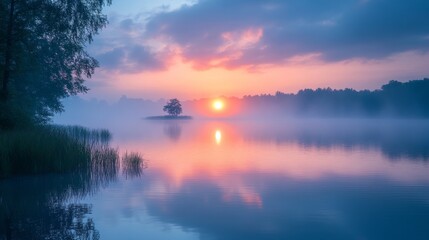 Mystical dawn over a calm lake, sunlight through fog and a solitary tree island, creating a tranquil and serene atmosphere with vibrant colorful reflections