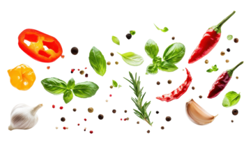 Falling spices and herbs with garlic and rosemary floating mid air on a clean white background