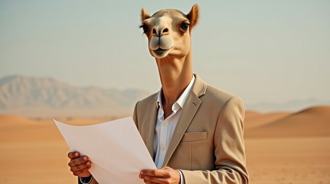 Camel in business suit reading document in desert surreal scene unique perspective creative concept