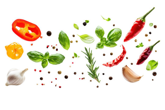 Falling spices and herbs with garlic and rosemary floating mid air on a clean white background