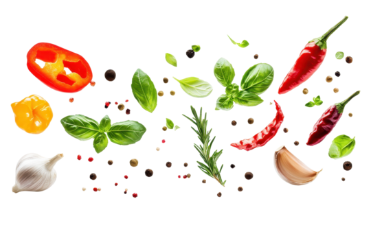 Falling spices and herbs with garlic and rosemary floating mid air on a clean white background