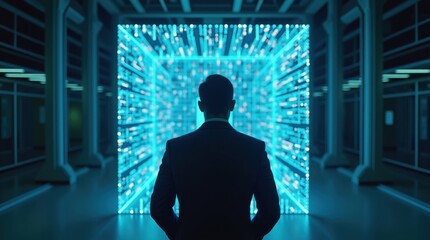 Business suit professional engaging with digital innovation in high-tech corporate office environment