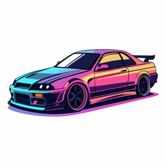 Create a bold vector illustration of a JDM car featuring neon underglow, emphasizing strong lines and a vibrant color palette.  Focus on a low-poly or similar stylized approach.