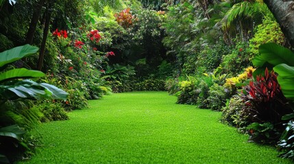 Obraz premium Lush tropical garden path lined with vibrant foliage.
