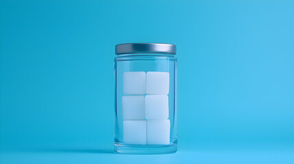 White Sugar Cubes in a Clear Glass Jar Against a Blue Background