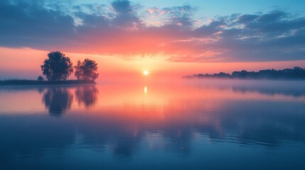 Naklejka premium Peaceful Dawn Reflection: Serene Waters Reflecting a Vibrant Sky with Trees