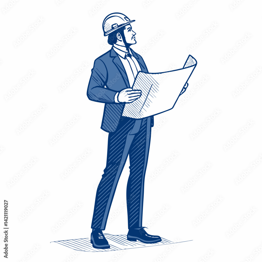 Poster create a bold vector illustration of a modern architect holding blueprints, emphasizing strong lines