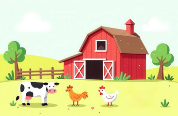 Fototapeta premium Cute doodle of a farm with animals, cows, chickens, and a red barn, drawn with crayons