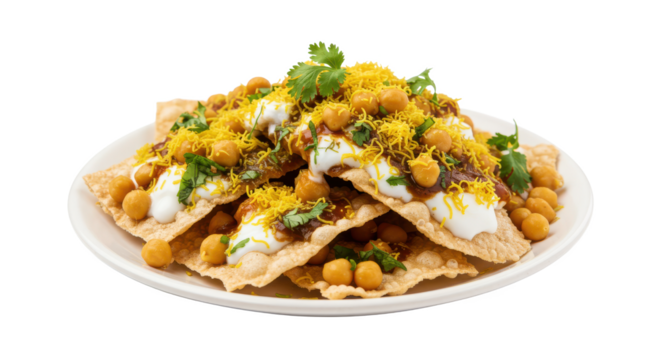 A plate of papri chaat with chickpeas yogurt and sev garnished with cilantro on a black background