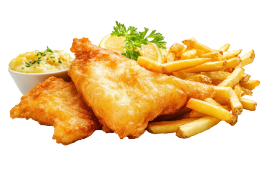 Delicious fish fillet paired with golden fries in a classic dish shown on white background