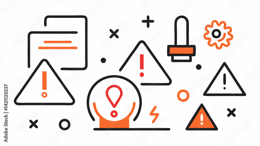Poster editable warning icon set featuring various caution and hazard symbols in a modern line style perfec