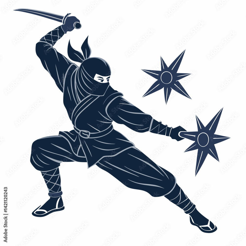 Poster create a vector illustration of a bold, strong-lined ninja character, emphasizing sharp details and 