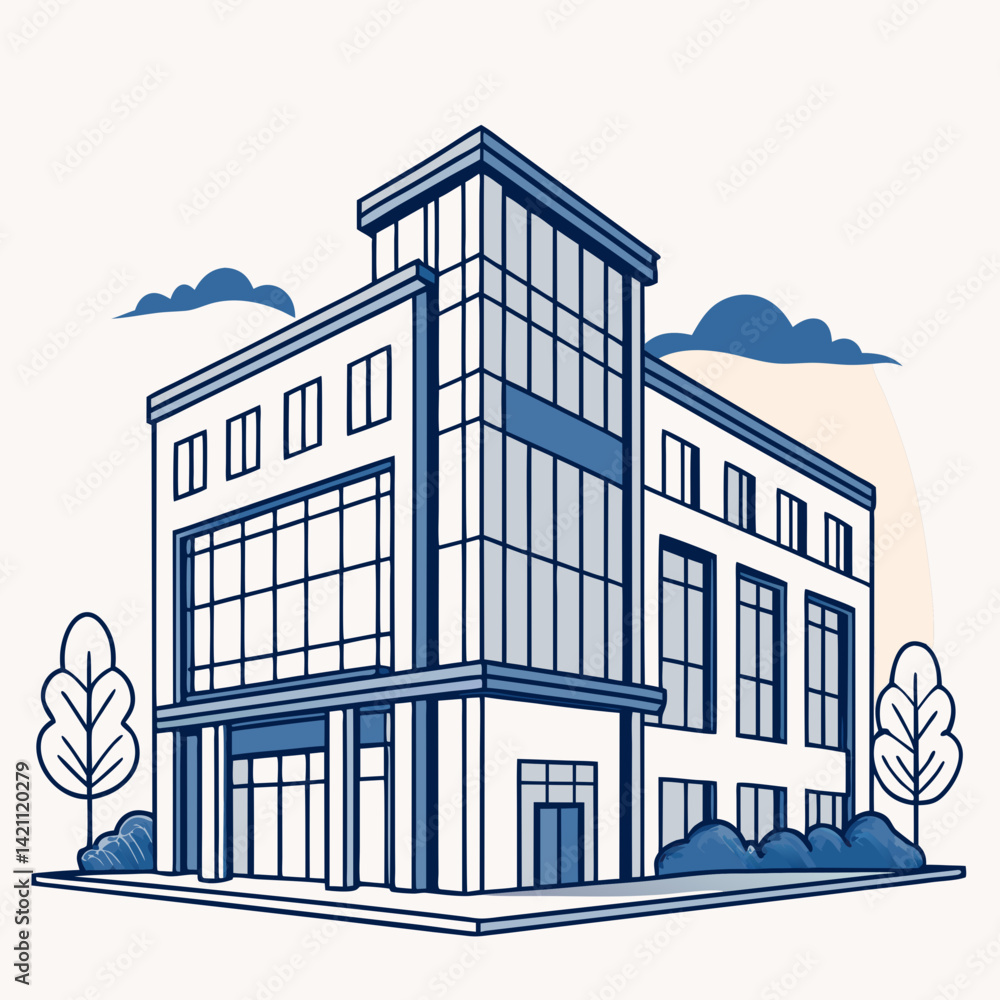 Poster create a bold, vector illustration of a modern office building facade, emphasizing strong lines and 