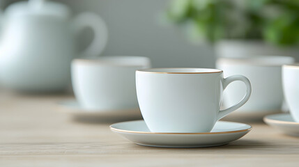 Fototapeta premium White Teacup and Saucer with Gold Accents on Wooden Table