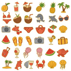 Cute Cartoon Summer Vacation Icons Set