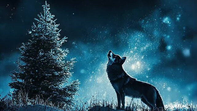 Winter night scene, a dog looking up at the stars.  A majestic wolf-like dog stands on a snowy hill, gazing up at a starry night sky.  A frosty pine tree stands beside it