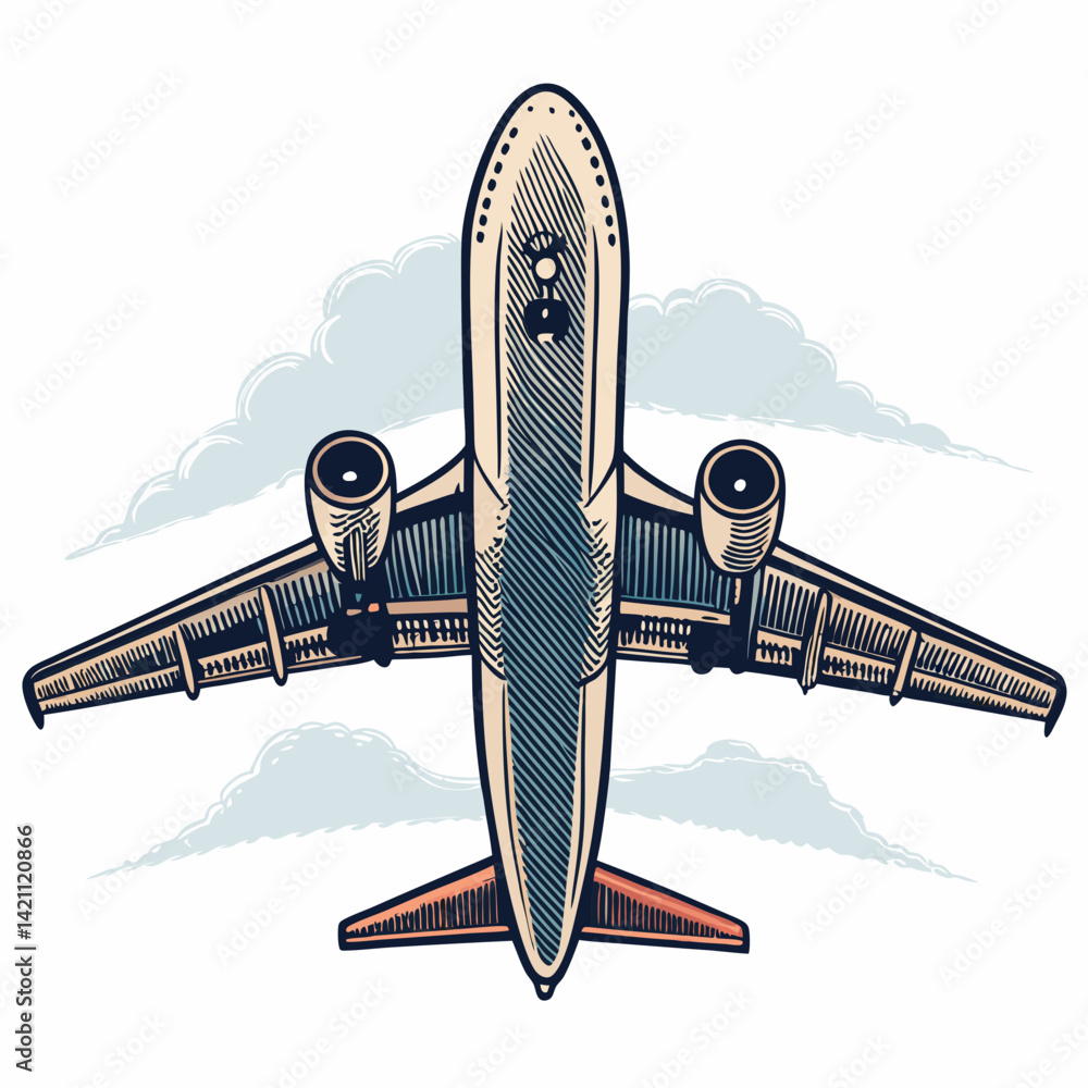 Poster create a bold, vector illustration of a passenger airplane with thick outlines, emphasizing clean li