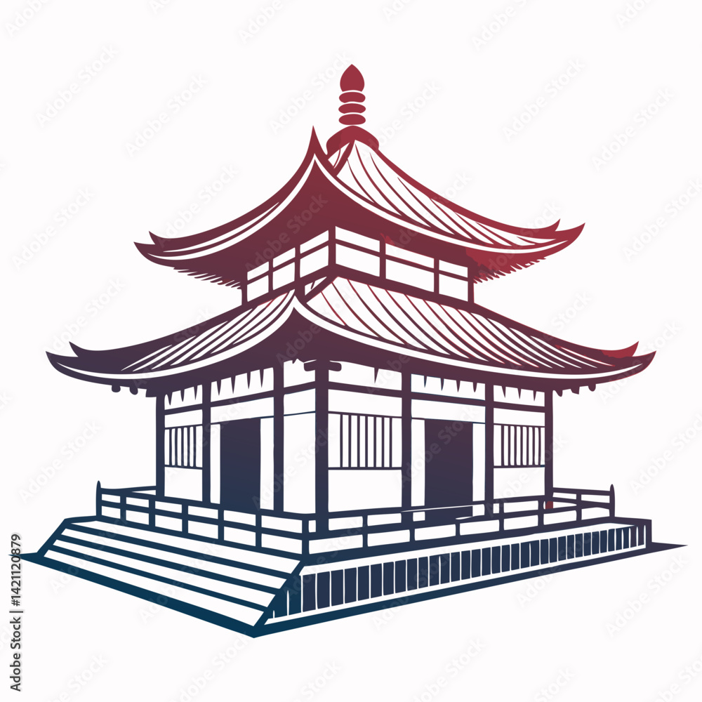 Poster create a bold vector illustration of a serene, peaceful vihara, emphasizing strong outlines and clea