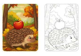 Colorful hedgehog carrying apple in autumn forest setting. Coloring book or page with colored example.