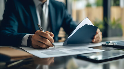 Businessman reviewing and signing documents at office desk