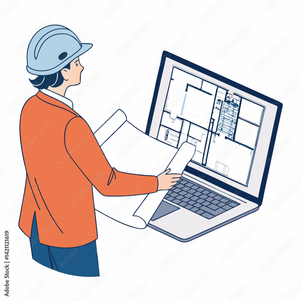 Aufkleber create a bold vector illustration of an architect meticulously checking blueprints, showcasing stron
