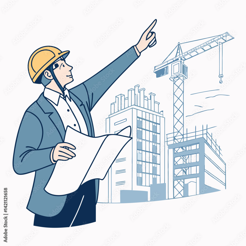 Poster create a bold, vector illustration of an architect confidently holding blueprints, emphasizing stron