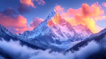 Majestic mountain peak bathed in the golden light of dawn, surrounded by ethereal clouds and vibrant pink skies, showcasing nature's serene beauty