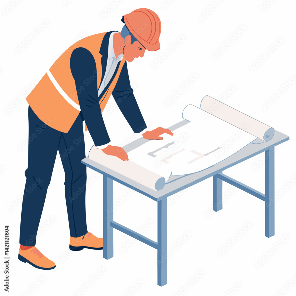 Poster create a bold vector illustration of an architect meticulously reviewing blueprints, emphasizing str