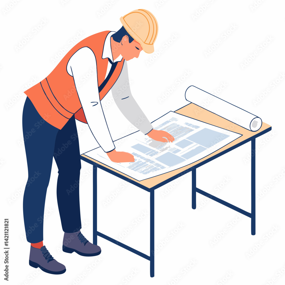 Poster create a vector illustration of a bold-stroked architect intently reviewing blueprints, emphasizing 