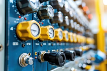 Close-up of control knobs and dials on a blue panel, showcasing industrial equipment with yellow accents and a blurred background.