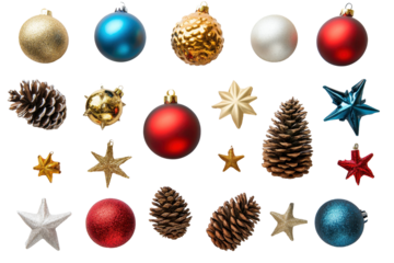 Decorative Christmas flat lay with pine cones and ornaments styled neatly on a white background