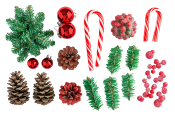 Red and green Christmas decor in flat lay style captured on a simple white background