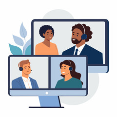 Create a bold vector illustration of a diverse team engaged in a lively video conference, emphasizing strong outlines and vibrant colors.