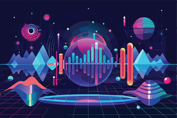 A vibrant digital artwork featuring abstract geometric shapes, neon colors, and futuristic elements within a dynamic landscape suitable for technology and innovation themes.