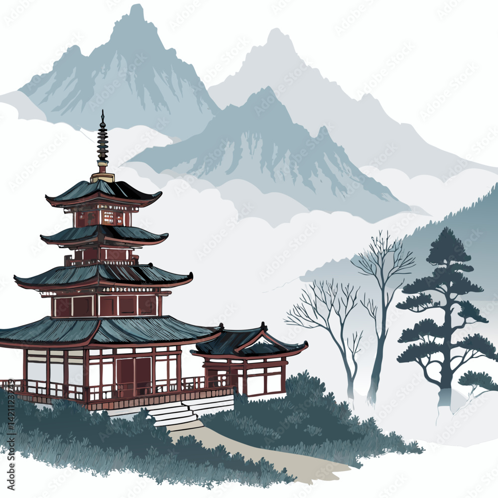 Poster create a bold, vector illustration of a vihara nestled on a mountain, emphasizing strong outlines an
