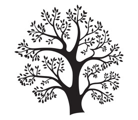 A vector illustration of black tree branches with small leaves, on a white background  
