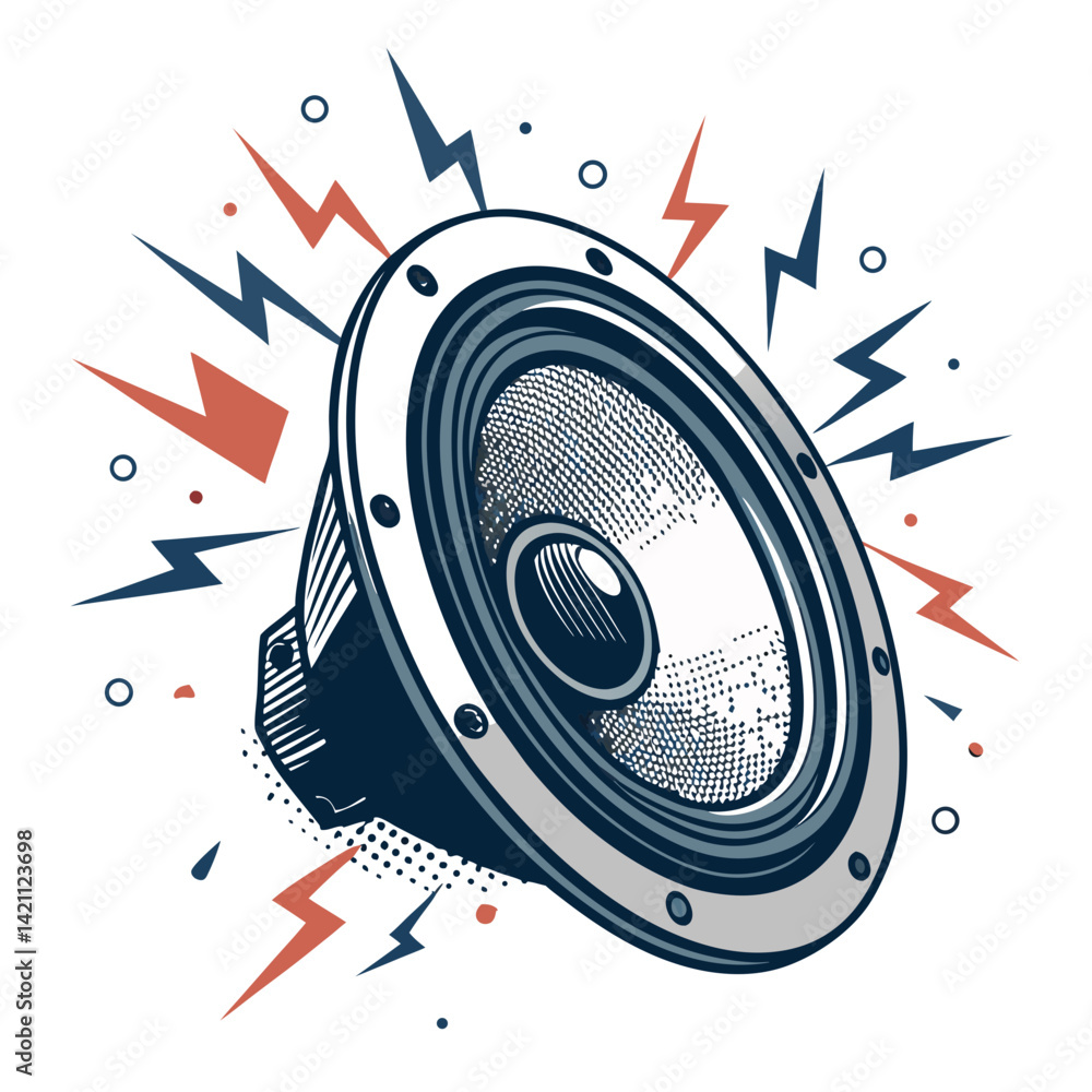 Poster create a bold, vector illustration of a broken speaker with a prominent 's' incorporated into the de