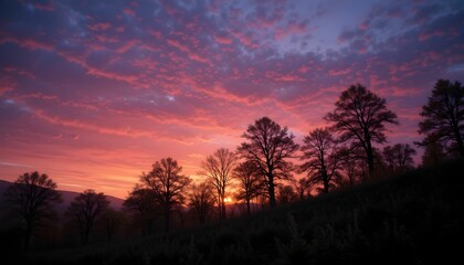 Fototapeta premium Vibrant Sunset Landscape with Silhouetted Trees Dramatic Pink and Purple Sunset Over Hillside Colorful Twilight Sky and Dark Tree Line Stunning Sunset Scenery: Trees Against a Painted Sky Serene Sunse