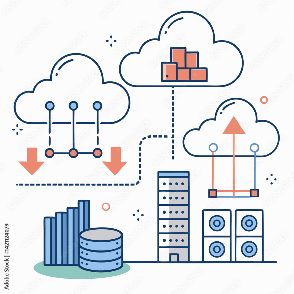 Poster create a bold, vector illustration of a cloud computing symbol integrated with a stylized capital 'd