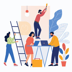 Fototapeta premium Design a bold vector illustration of a creative agency team collaborating, emphasizing strong lines and vibrant colors.