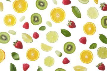 Colorful mix of different fruits with oranges shown in flat view on a white background