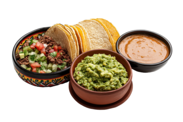 Delicious Mexican food including tacos displayed in flat lay style isolated on a white background