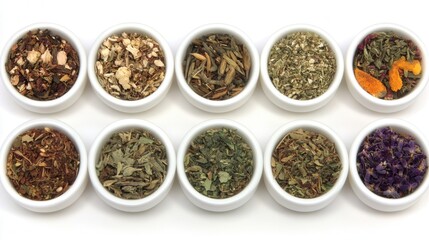 Assorted herbal teas in small white bowls