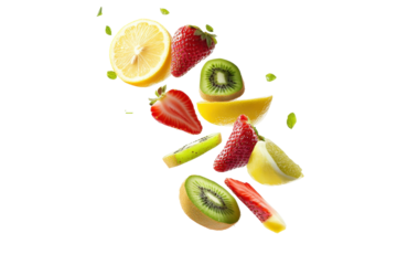 Floating assortment of sliced mixed fruits displayed beautifully on a clean white background for freshness